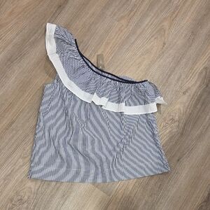 J. Crew Navy & White One-Shoulder Ruffle Blouse Size 6 Nwt